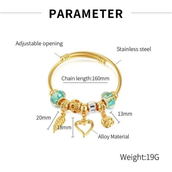 Gold Plated Charm Bracelet Adjustable Stainless Steel Cuff Cubic Zirconia Bangle - Picture 6 of 7